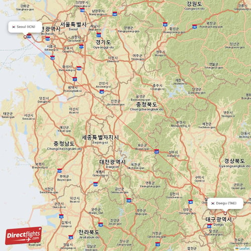 Seoul - Daegu direct flight map