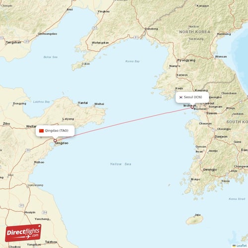 Seoul - Qingdao direct flight map