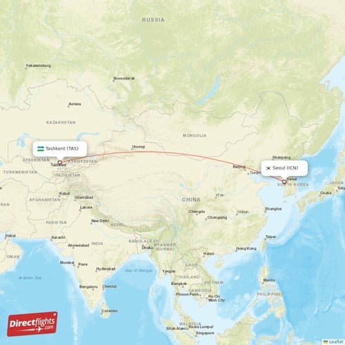 Seoul - Tashkent direct flight map