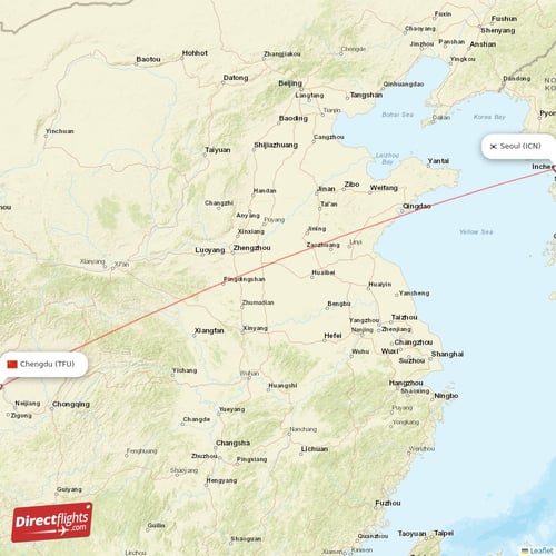 Seoul - Chengdu direct flight map