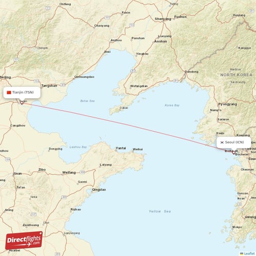 Seoul - Tianjin direct flight map