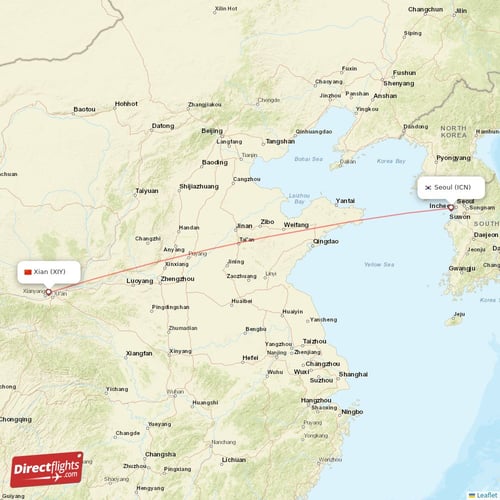 Seoul - Xian direct flight map