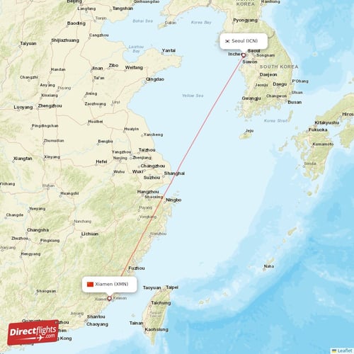 Seoul - Xiamen direct flight map