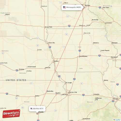 Wichita - Minneapolis direct flight map