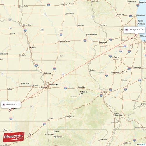Wichita - Chicago direct flight map