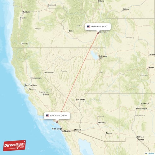 Idaho Falls - Santa Ana direct flight map