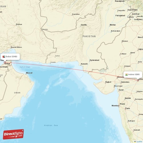Indore - Dubai direct flight map