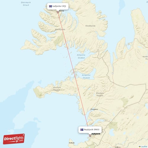 Isafjordur - Reykjavik direct flight map