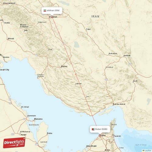 Isfahan - Dubai direct flight map