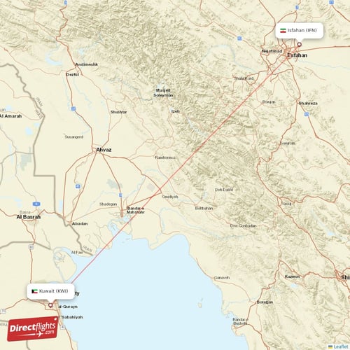 Isfahan - Kuwait direct flight map