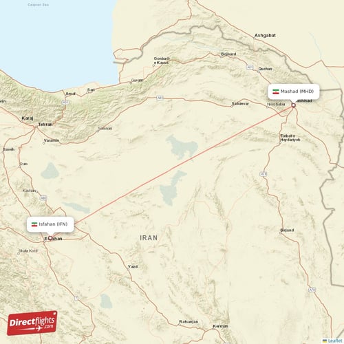 Isfahan - Mashad direct flight map