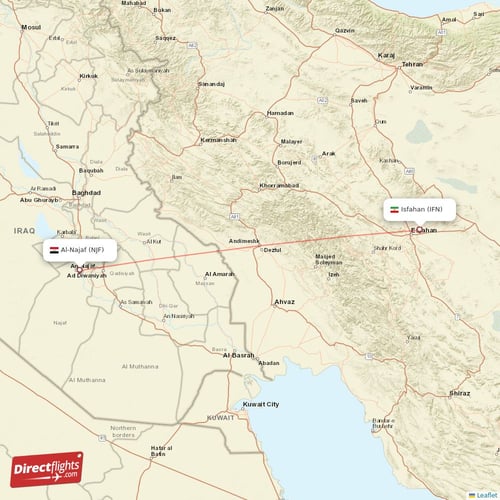 Isfahan - Al-Najaf direct flight map