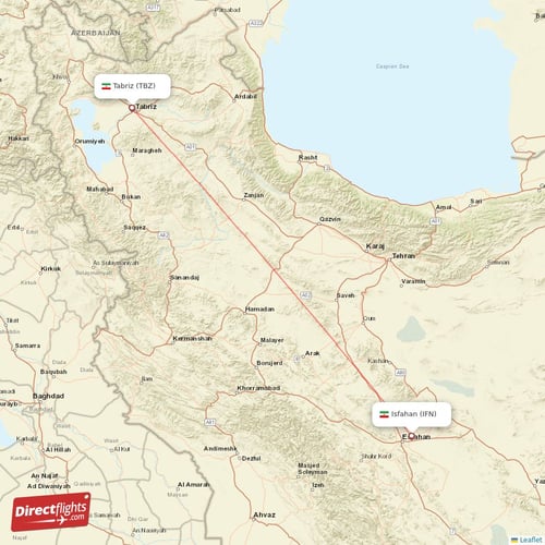 Isfahan - Tabriz direct flight map
