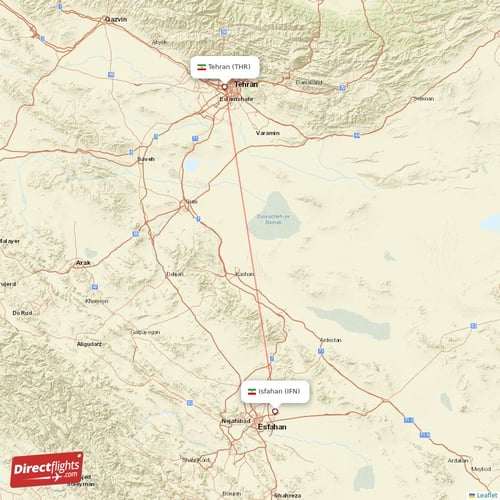 Isfahan - Tehran direct flight map