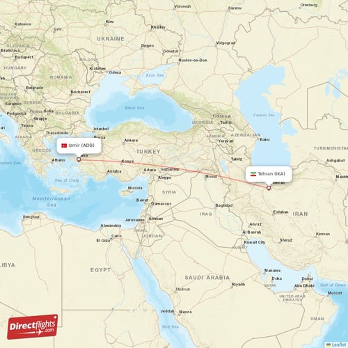 Tehran - Izmir direct flight map