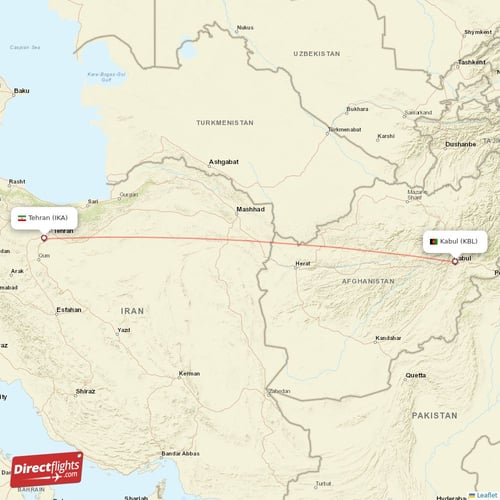 Tehran - Kabul direct flight map