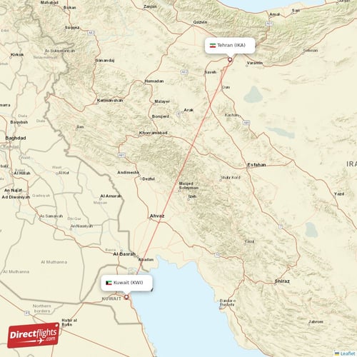 Tehran - Kuwait direct flight map