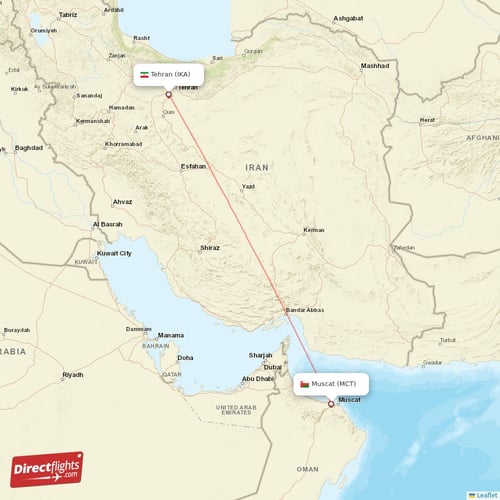 Tehran - Muscat direct flight map