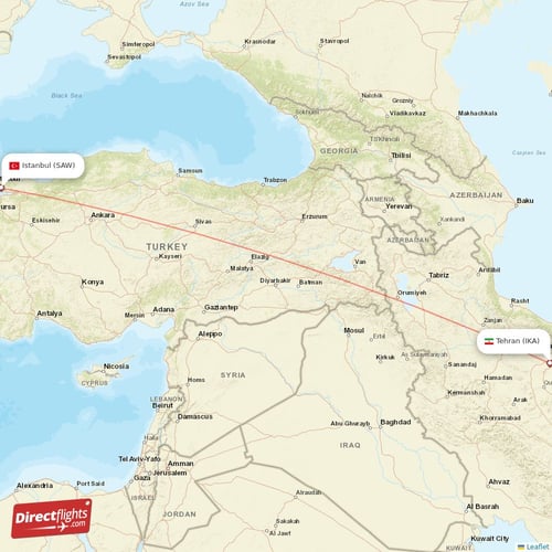Tehran - Istanbul direct flight map