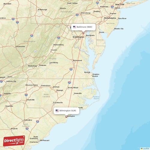 Wilmington - Baltimore direct flight map