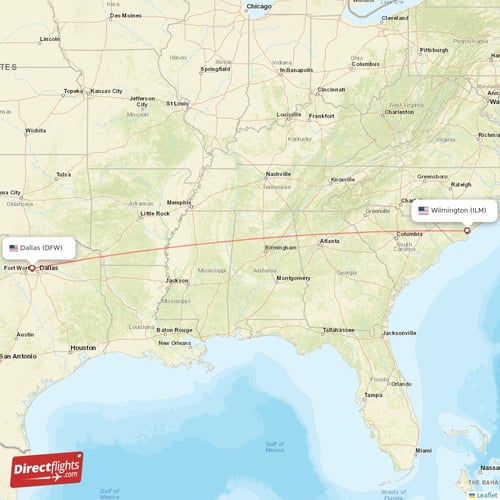 Wilmington - Dallas direct flight map