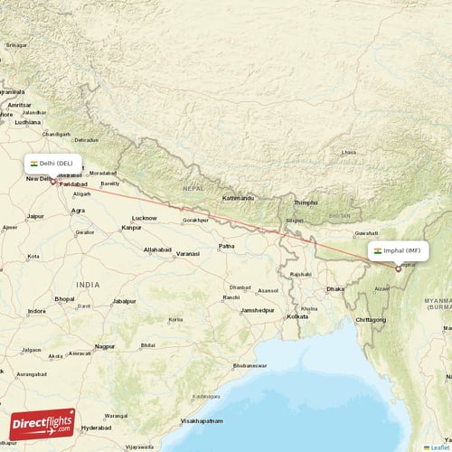 Imphal - Delhi direct flight map