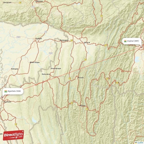 Imphal - Agartala direct flight map