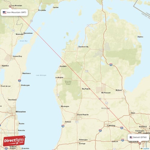 Iron Mountain - Detroit direct flight map