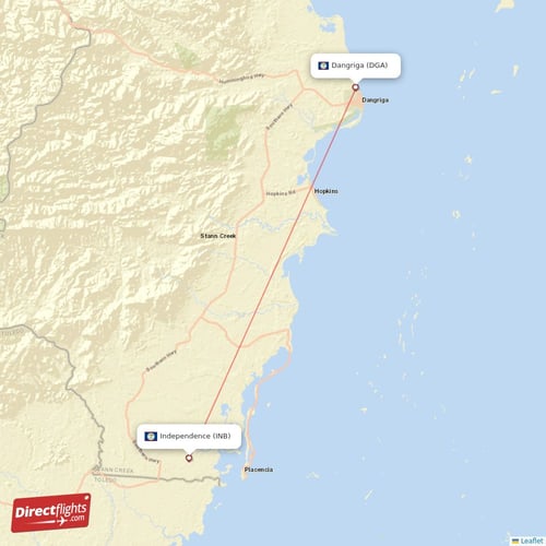 Independence - Dangriga direct flight map