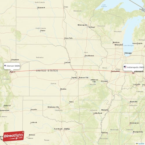 Indianapolis - Denver direct flight map