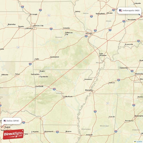 Indianapolis - Dallas direct flight map