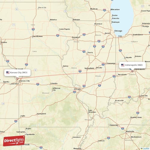 Indianapolis - Kansas City direct flight map