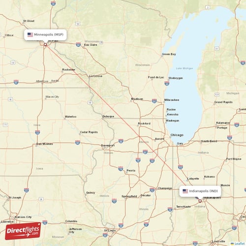 Indianapolis - Minneapolis direct flight map
