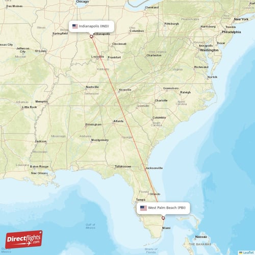 Indianapolis - West Palm Beach direct flight map