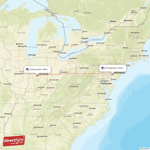 Indianapolis - Philadelphia direct flight map