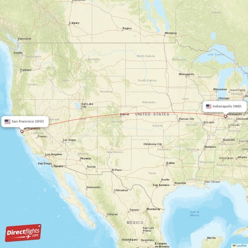 Indianapolis - San Francisco direct flight map