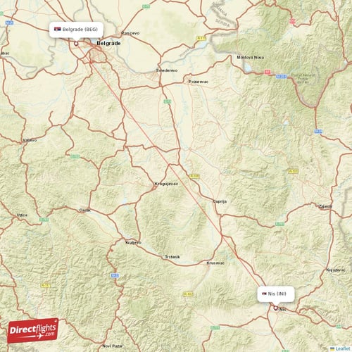 Nis - Belgrade direct flight map