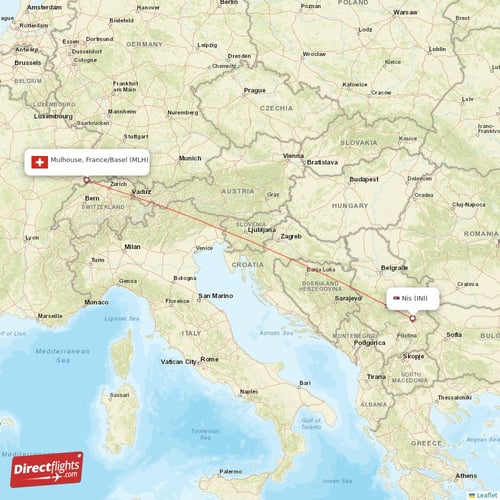 Nis - Mulhouse, France/Basel direct flight map