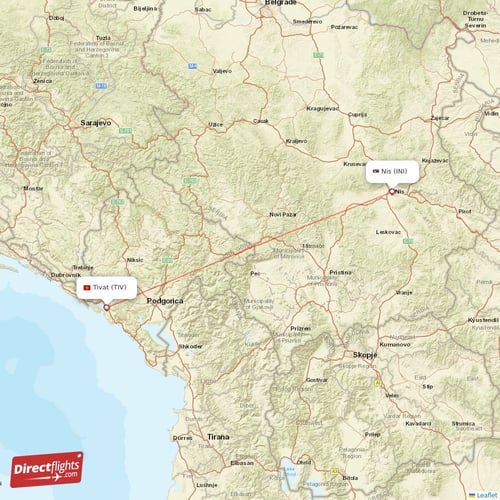 Nis - Tivat direct flight map