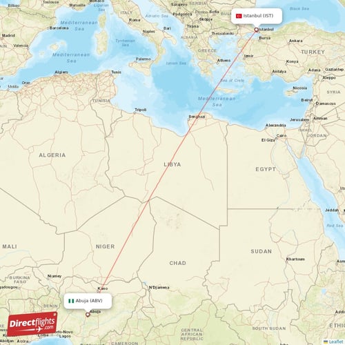 Istanbul - Abuja direct flight map