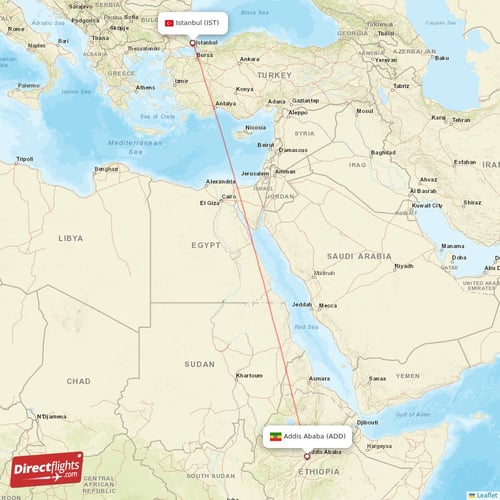 Istanbul - Addis Ababa direct flight map