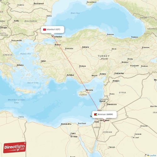 Istanbul - Amman direct flight map