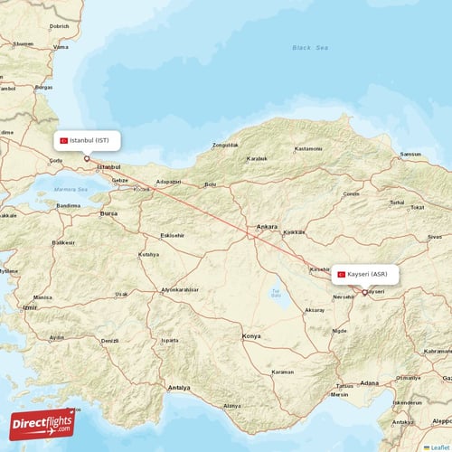 Istanbul - Kayseri direct flight map