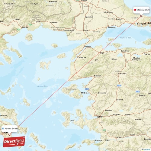 Istanbul - Athens direct flight map