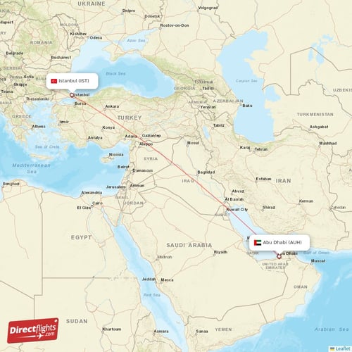 Istanbul - Abu Dhabi direct flight map
