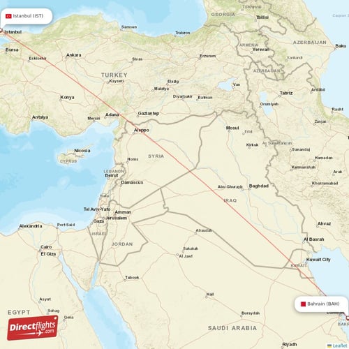 Istanbul - Bahrain direct flight map