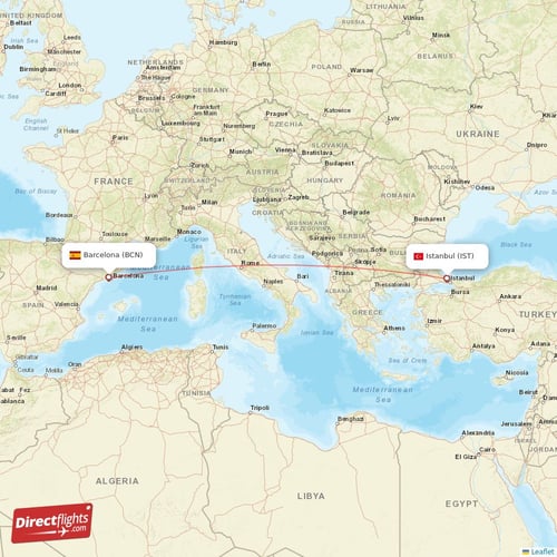 Istanbul - Barcelona direct flight map