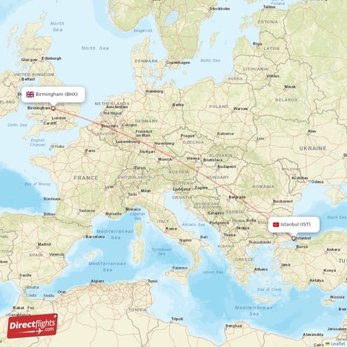 Istanbul - Birmingham direct flight map