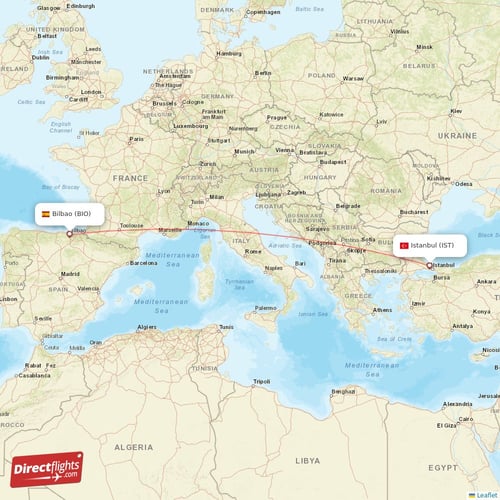 Istanbul - Bilbao direct flight map