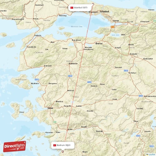 Istanbul - Bodrum direct flight map